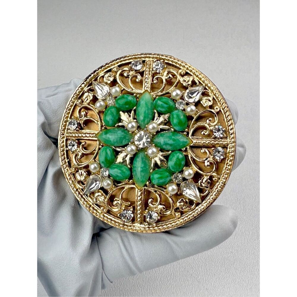 Vintage Sam Fink S.F. Co Fifth Ave Pressed Powder Compact Jewels Rhinestones AX2